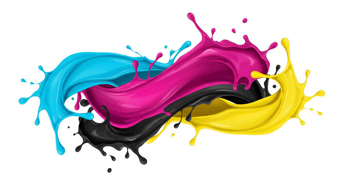 Dynamic splash of cyan magenta yellow and black liquid paint exploding in motion isolated on white background creative CMYK printing concept for advertising branding and artistic visual effects design