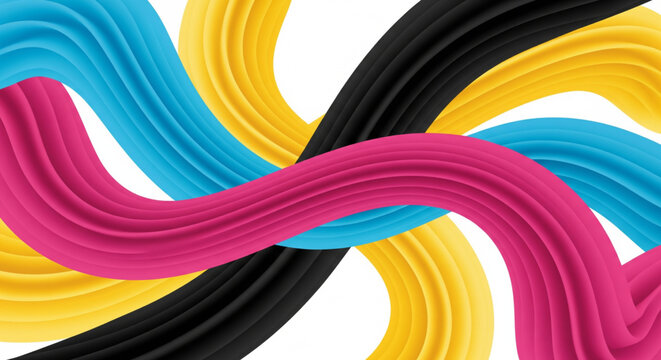 Abstract wavy lines in CMYK colors intertwining on a white background.