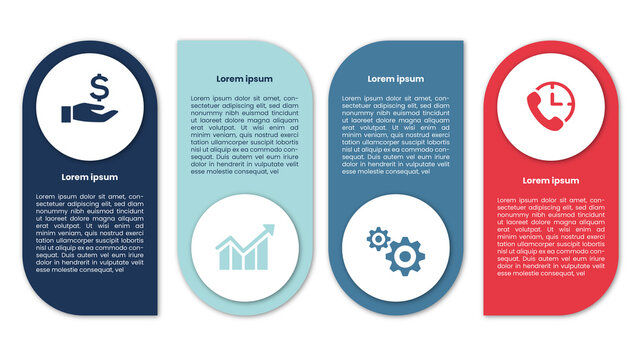 Infographic Template with Four Vertical Banners Featuring Financial Hand Icon, Progress Chart, Gear Gears, and Customer Service Phone Clock for Business Strategy Layout.