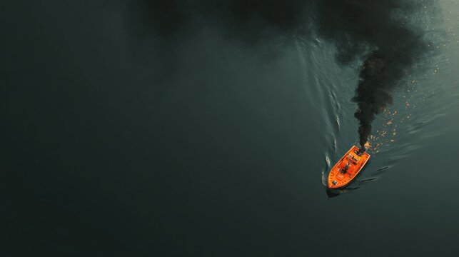 Orange boat with black smoke on water surface aerial view
