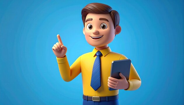 Personagem 3D masculino sorridente, vestindo camisa amarela e gravata azul, apontando para cima com um tablet, simbolizando ideias e solu&ccedil;&otilde;es inovadoras.