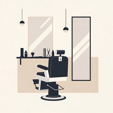 Illustration of a barber shop interior with a chair, mirrors, and tools. A minimalist, two-dimensional style