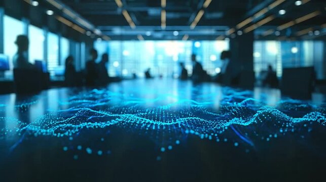 Glowing blue data waves on a table in a modern boardroom with blurred silhouetted figures