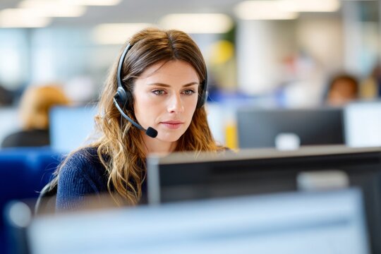 Customer service specialist in modern office wearing headset, focused woman working at computer with call center support