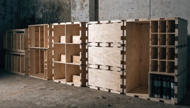 Medium shot showing the modular design process of reinforced wooden crates allowing customizable internal compartments for organized ordnance storage and shipment.