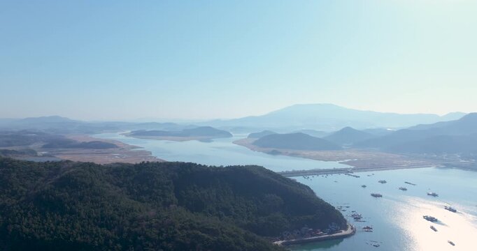 Aerial Drone Footage of Peaceful Ocheon Port and Chungcheong Suyeongseong Fortress, Boryeong, South Korea