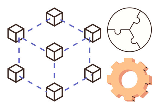 Blockchain technology, digital networks, data management, problem-solving, collaboration, system functionality. Array of connected blocks, gear wheel and puzzle circle. Blockchain networks and data