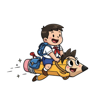 Boy Rides Pencil Rocket To School With Backpack Illustration