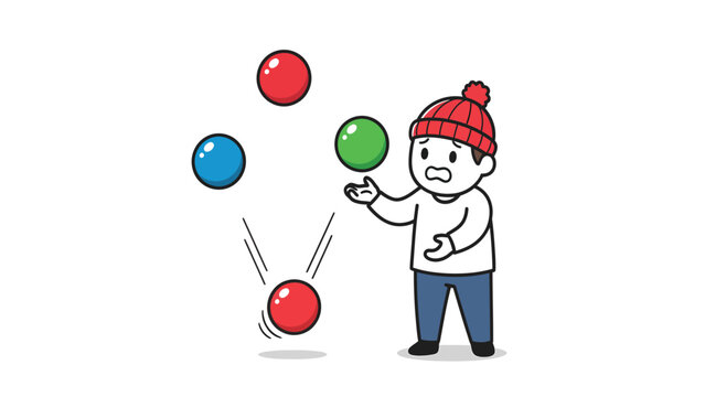 Overwhelmed cartoon character struggling to juggle multiple colorful balls, concept of challenge and multitasking failure