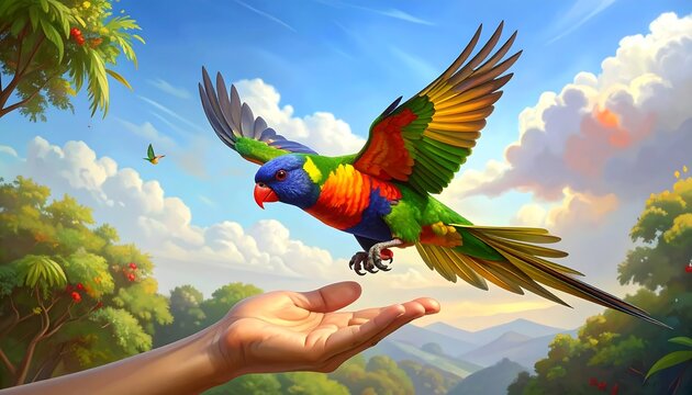 A colorful parrot lands on an outstretched hand