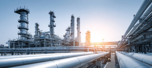 Fototapeta premium Large Oil Refinery with Pipes and Industrial Towers Under Bright Sunlight, Clean Minimal Industrial Aesthetic with High-Key Lighting, Global Energy Production and Fuel Supply Concept