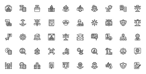 Fototapeta premium Public Administration icon set. Vector symbols for government, law, policy, and civic services. Includes briefcase, ballot, scales, building, gear, document, and more. Editable stroke.