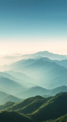 Fototapeta premium Aerial View of Layered Mountain Ridges Fading into Soft Haze, Bright High-Key Minimal Landscape with Gentle Gradients, Peaceful Premium Nature Background and Large Copy Space