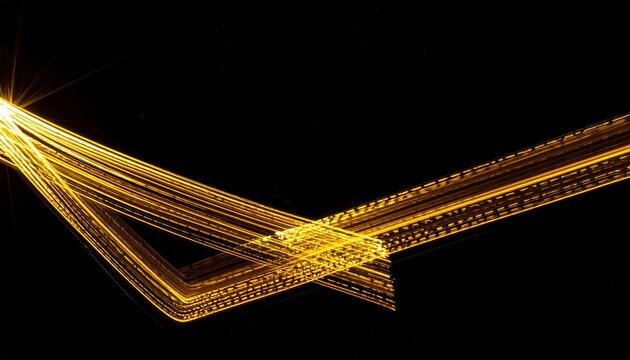 Composition artistique de faisceaux lumineux dor&eacute;s et de lignes cin&eacute;tiques crois&eacute;es cr&eacute;ant un effet de mouvement rapide et technologique sur fond noir.