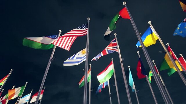 Flags of the world fluttering in the wind