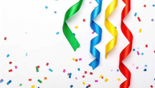 Composition festive avec des serpentins en spirale vert, bleu, jaune et rouge accompagn&eacute;s de confettis multicolores sur fond blanc pur.