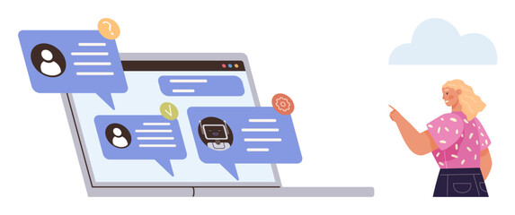 Fototapeta premium Digital communication, technology use, online messaging, remote work, virtual interaction, social networking. Laptop with chat bubbles and woman pointing. Digital communication and technology use