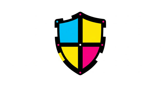 A colorful shield icon featuring CMYK colors in a quadrant design, symbolizing protection and graphic arts.