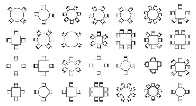 collection of top-down table and chair arrangements for dining and meeting rooms