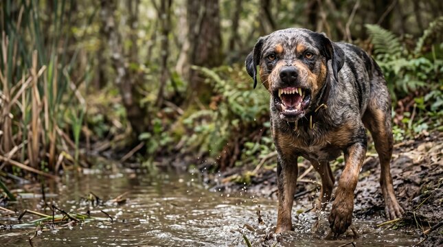 Angry dog walking through muddy water in forest, splashing and showing teeth