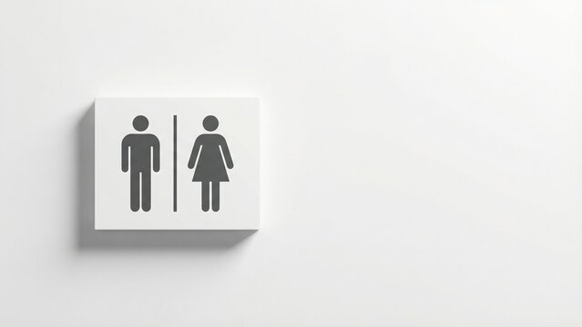 Minimalist public toilet sign featuring male and female icons on a clean white background. Modern flat design with soft shadows, ideal for signage, UI, accessibility, and public facility concepts.