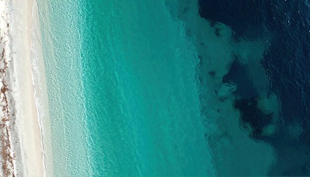 Vista a&eacute;rea deslumbrante de uma praia de areia branca com &aacute;guas cristalinas em tons de turquesa e azul profundo, revelando a beleza costeira.