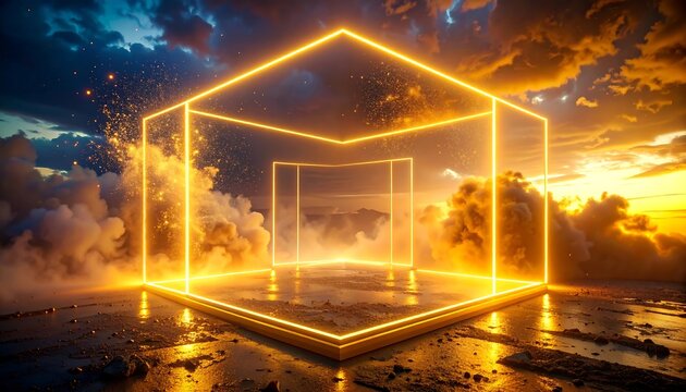 Illuminated cube in an ethereal environment. Golden neon light defines the edges of this abstract geometric form set against a moody sky