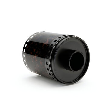Classic 35mm film roll canister isolated on white background for vintage photography and retro media concepts and professional film development