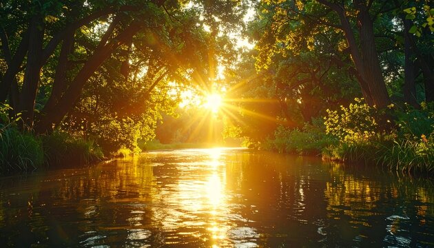 Sunlit river through forest canopy