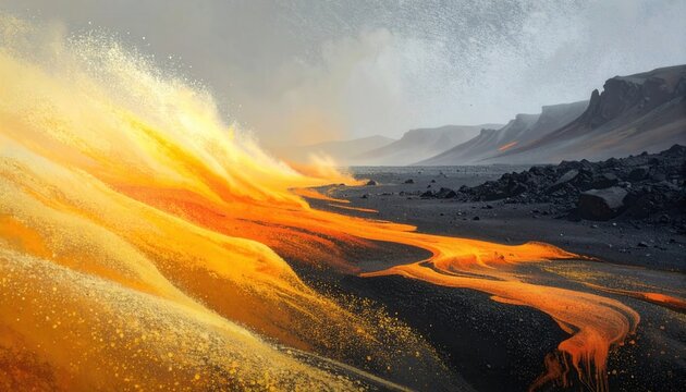 Fluxo dourado de areia ou lava atravessa uma paisagem des&eacute;rtica escura e rochosa sob um c&eacute;u nublado, criando um contraste dram&aacute;tico e surreal.