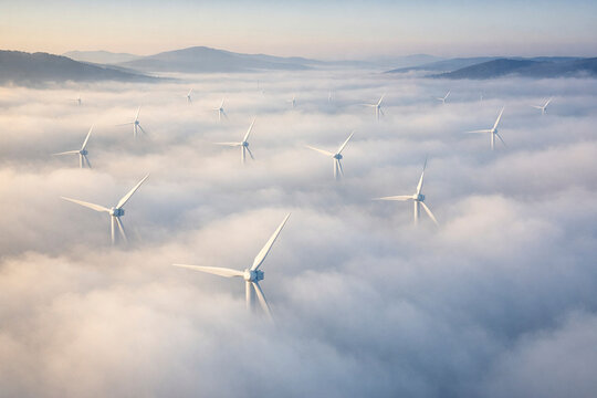 Vista a&eacute;rea de parque e&oacute;lico emergiendo de niebla densa en valle, composici&oacute;n et&eacute;rea y abstracta