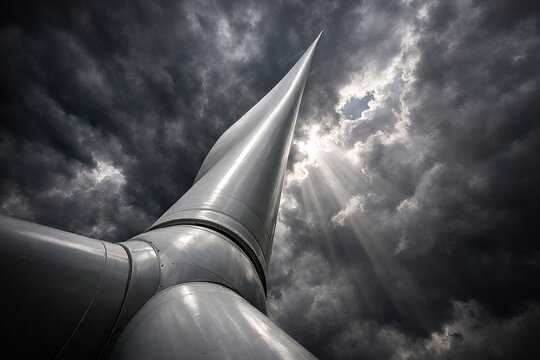 Vista contrapicada extrema de aspa de aerogenerador con cielo tormentoso y rayos de luz