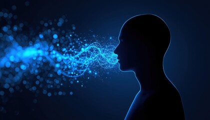 Obraz premium A silhouette of a person with a glowing blue light emanating from their mouth