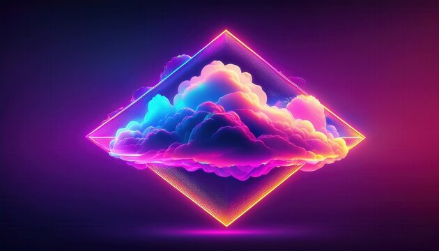 Uma nuvem vibrante e et&eacute;rea em tons de neon, emoldurada por um losango luminoso, criando uma imagem abstrata e futurista.