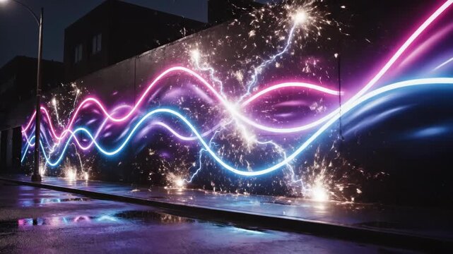 A vibrant neon-lit mural on an urban wall at night featuring glowing pink, purple, and blue wavy lines with electrical spark effects and reflections on wet asphalt pavement.