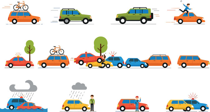 Illustration of Cars in Different Situations Including Traffic, Weather, and Accidents for Road and Travel Concepts