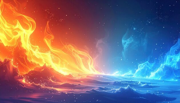 Um encontro vibrante e abstrato de fogo e gelo, representando for&ccedil;as c&oacute;smicas opostas em um cen&aacute;rio de energia e luz.