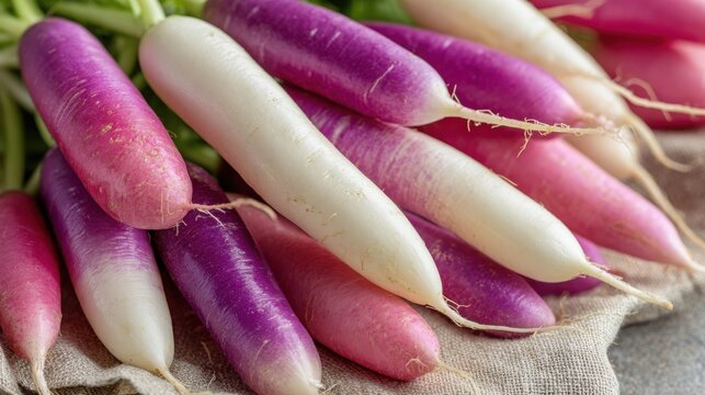 Close-up view of heirloom radish varieties with vibrant purple and white hues, showcasing natural produce