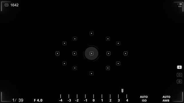 Surveillance-style camera frame viewfinder screen recorder digital display interface Animation. Focusing With Image Stabilizer of camera dslr or mirrorless and smartphone for recording live timestamp