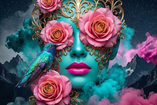 Elegant roses art lip design with gold floral accents digital illustration