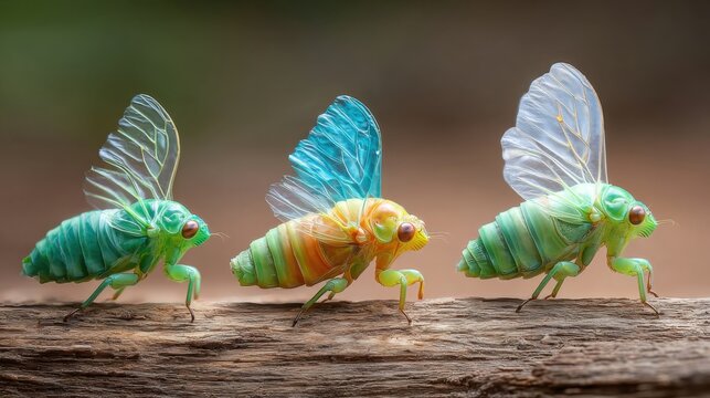 Three Colorful Cicada Nymphs Displaying Their Exquisite Transformation Stages on a Textured Wooden Log
