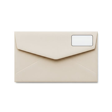 Blank cream colored envelope with rectangular white label isolated on white background for professional business stationery and mailing concepts