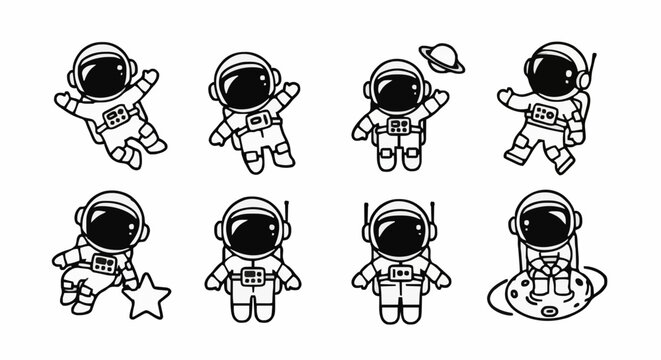Astronot illustrations of astronauts in space with planets and stars in a cartoon style from a front viewpoint