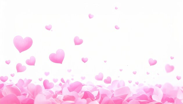 Cora&ccedil;&otilde;es rosa flutuando sobre um leito de p&eacute;talas, criando um fundo rom&acirc;ntico e delicado para celebra&ccedil;&otilde;es de amor.
