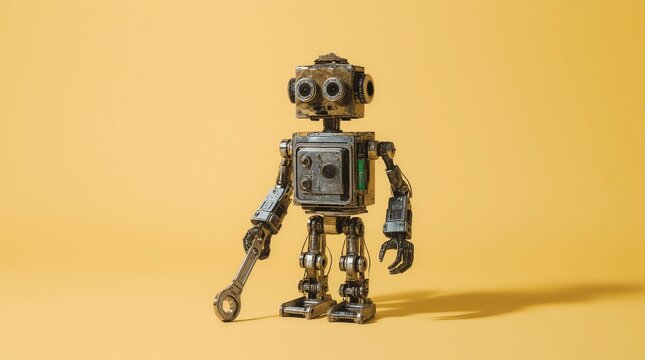 Hand wrench robot serviceman worker on yellow background. Cyborg toy lamp bulb eyes head, electric wires, capacitors vintage resistors