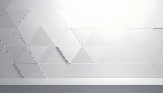Fundo branco abstrato com padr&atilde;o geom&eacute;trico de tri&acirc;ngulos 3D e prateleira, ideal para exibi&ccedil;&atilde;o de produtos ou apresenta&ccedil;&otilde;es modernas.