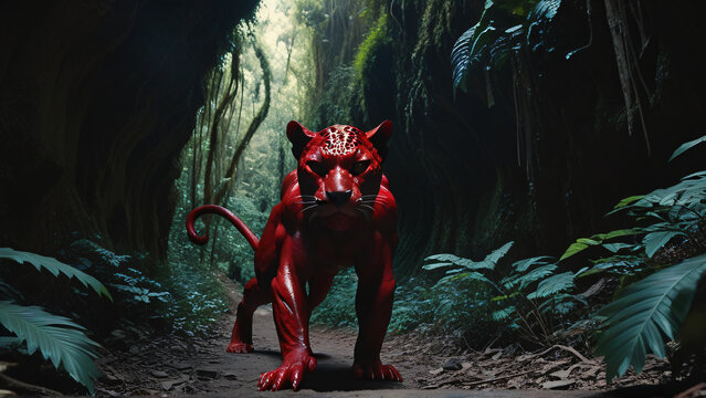 A red  cinematic jaguar devil preparing to wander off in a ancient spirit canyon, 