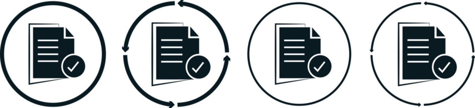 Document approval icon set, professional vector illustration of approved files and verified paperwork.Verified document and contract icons, creative graphics representing successfully approved and sig