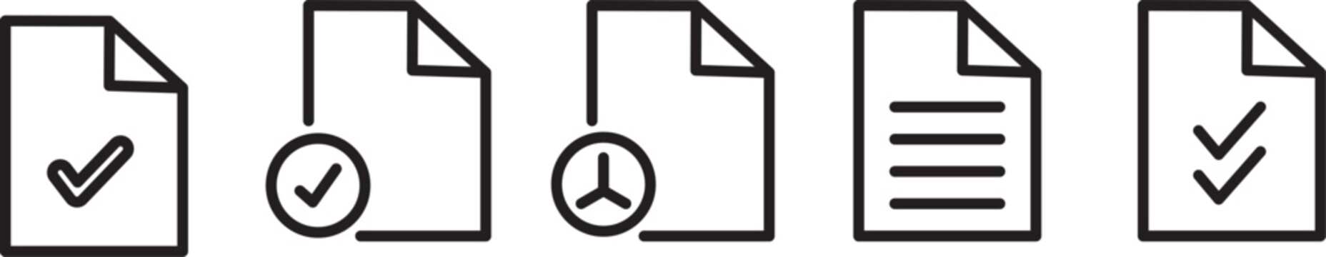 Document approval icon set, professional vector illustration of approved files and verified paperwork.Verified document and contract icons, creative graphics representing successfully approved and sig