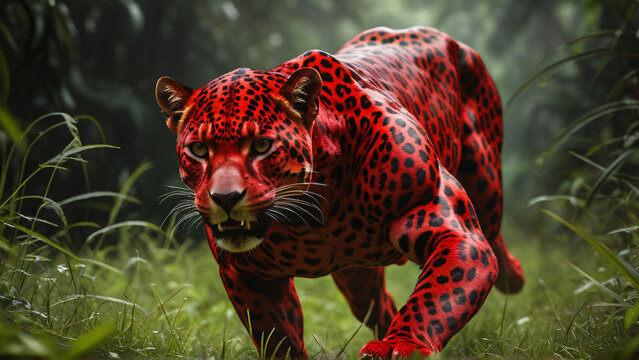 A red  untamed jaguar devil moving with stealth in a celestial gate meadow 